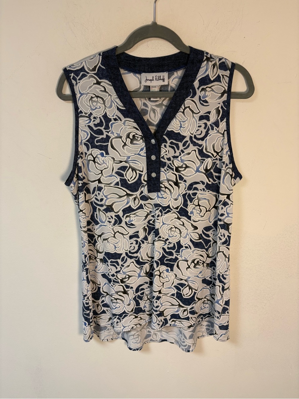 Joseph Ribkoff Navy & White Floral Sleeveless Henley Tank Size 14